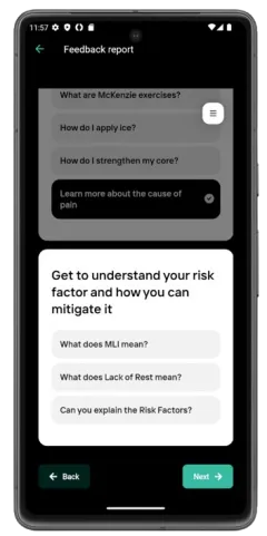 App feedback report with questions about risk factors and pain