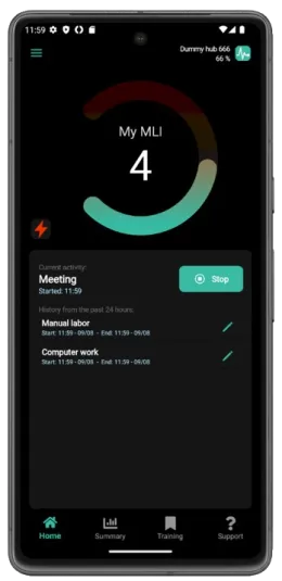 The MLI® app home screen with the personal load score and current activity